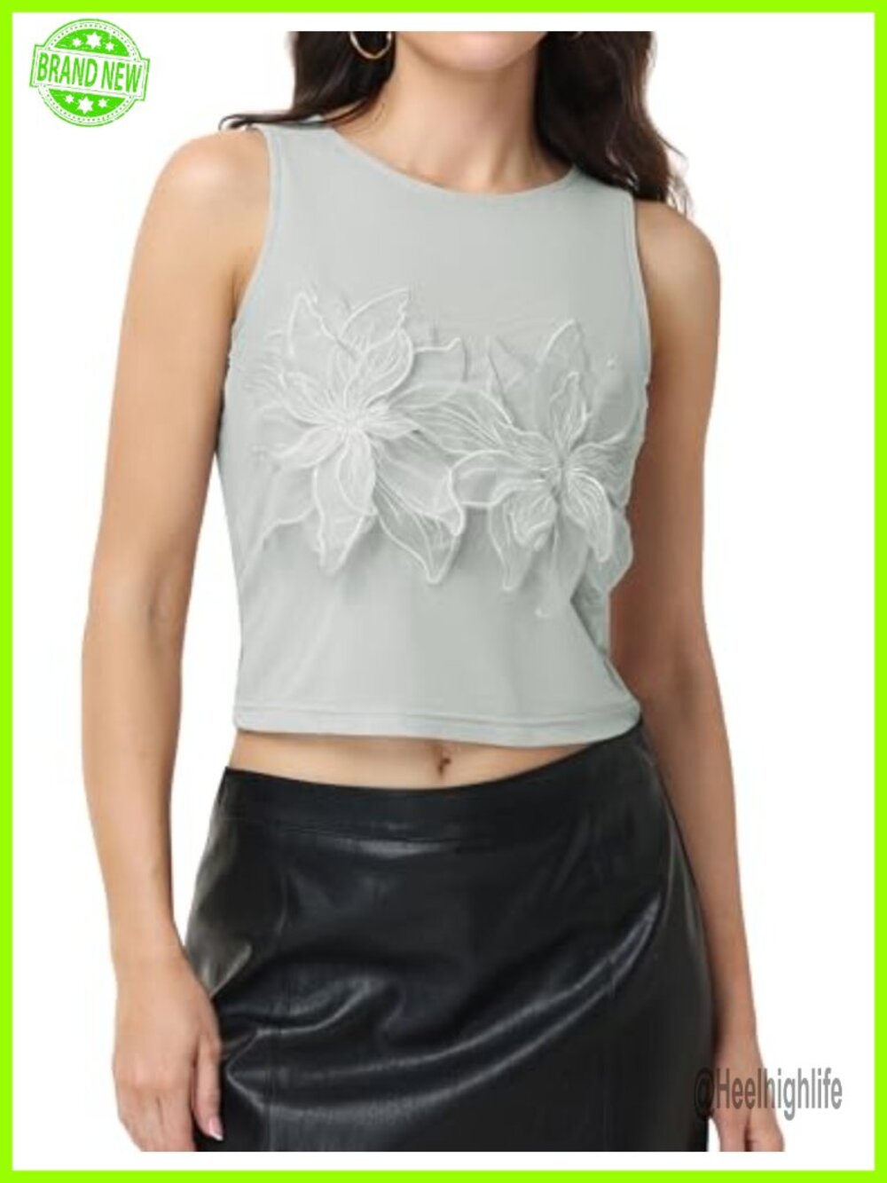 Fitted Mesh Crop Tank Top with 3D Floral Applique Sleeveless Crew Neck Going